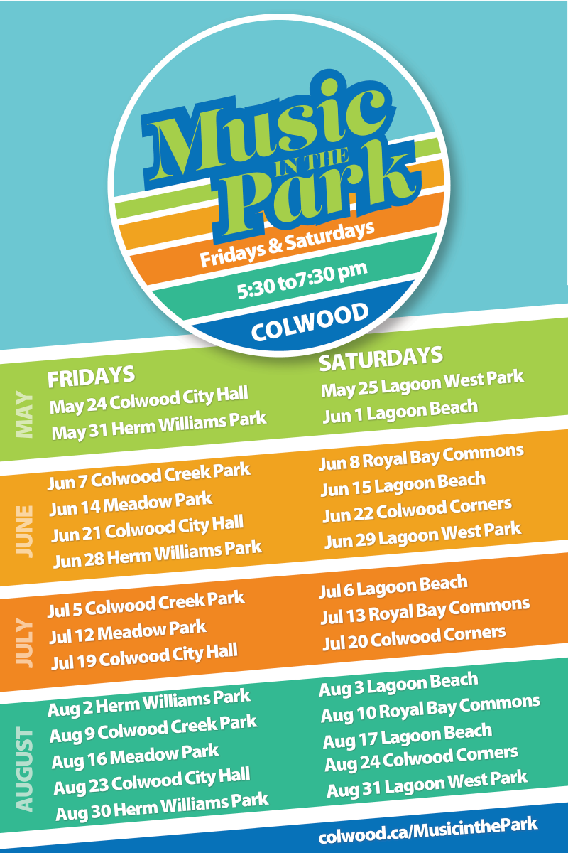 A colourful schedule for "Music in the Park" events held on Fridays and Saturdays in Colwood.