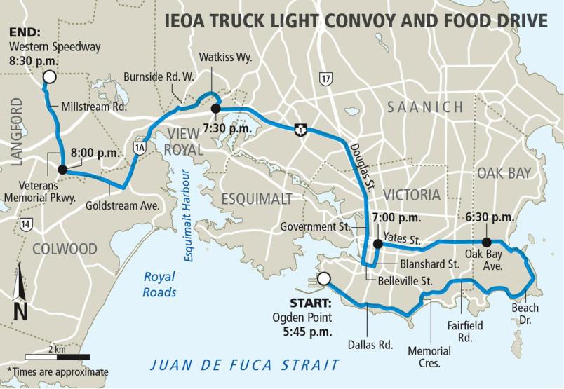 Route map for the IEOA Truck Light Convoy and Food Drive with specific stops and times.