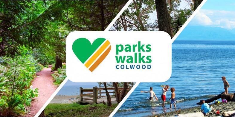 Promotional image for Colwood Parks and Walks, featuring a forest trail, a beach, and children playing by the water.