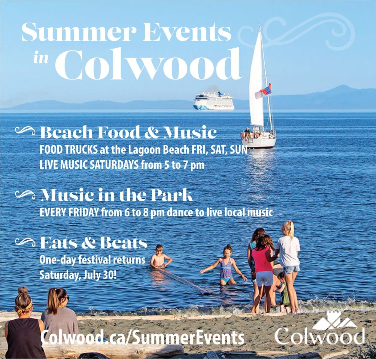 Summer events flyer in Colwood featuring Beach Food & Music, Music in the Park, and Eats & Beats festival.