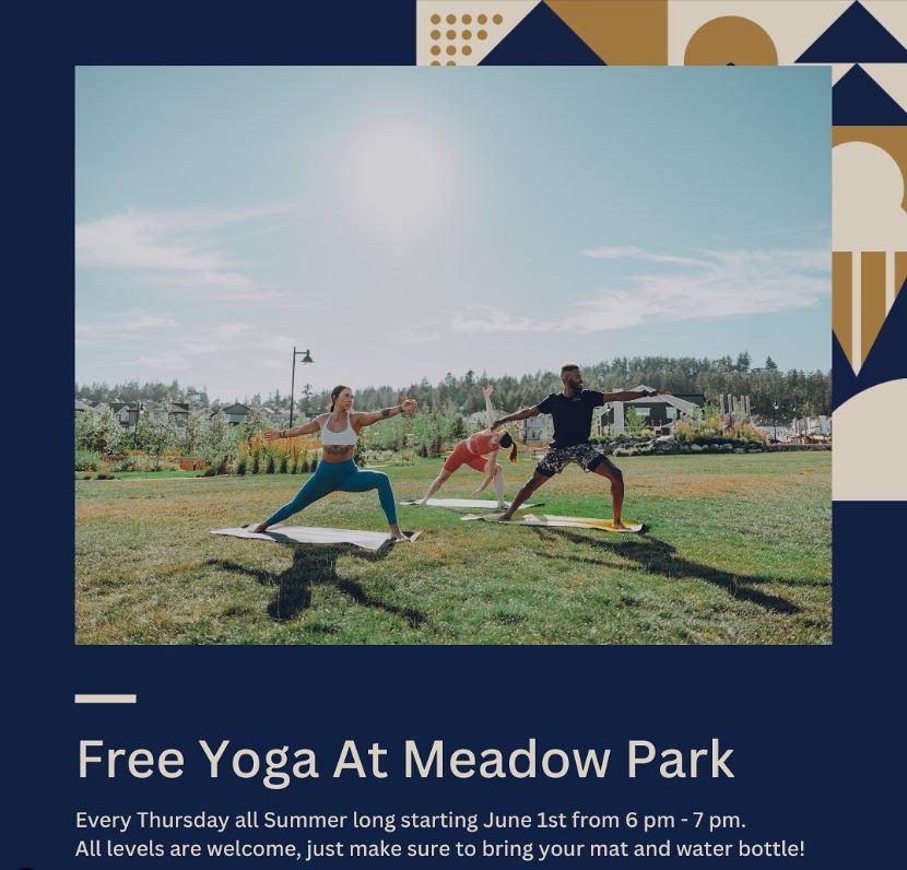 Group of people practicing yoga on a grassy field at Meadow Park, promoting free yoga sessions every Thursday during summer.