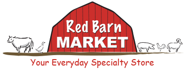 Logo of Red Barn Market with a red barn and various farm animals, tagline "Your Everyday Specialty Store."