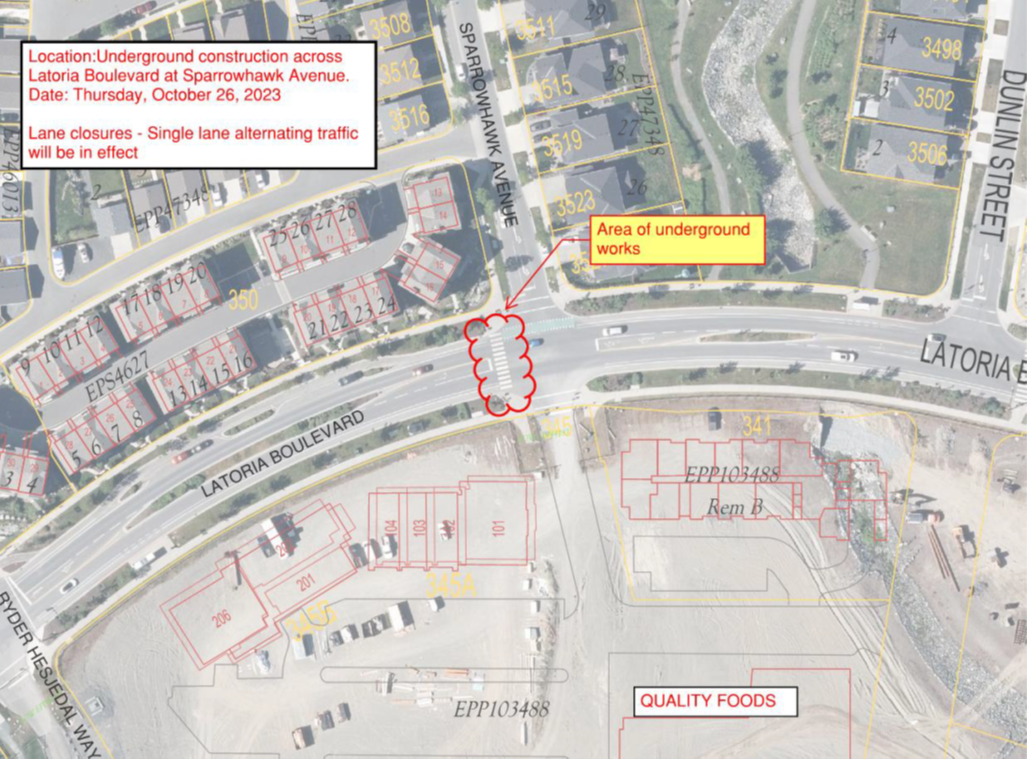 Map showing the location of underground construction across Latoria Boulevard at Sparrowhawk Avenue. The area of underground works is highlighted in red.