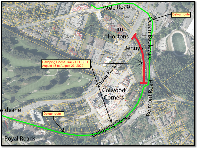 Map showing the closure of Galloping Goose Trail from August 15 to August 23, 2022, in the Colwood Corners area. The closed section is highlighted in red along Ocean Boulevard between Wale Road and Belmont Road.