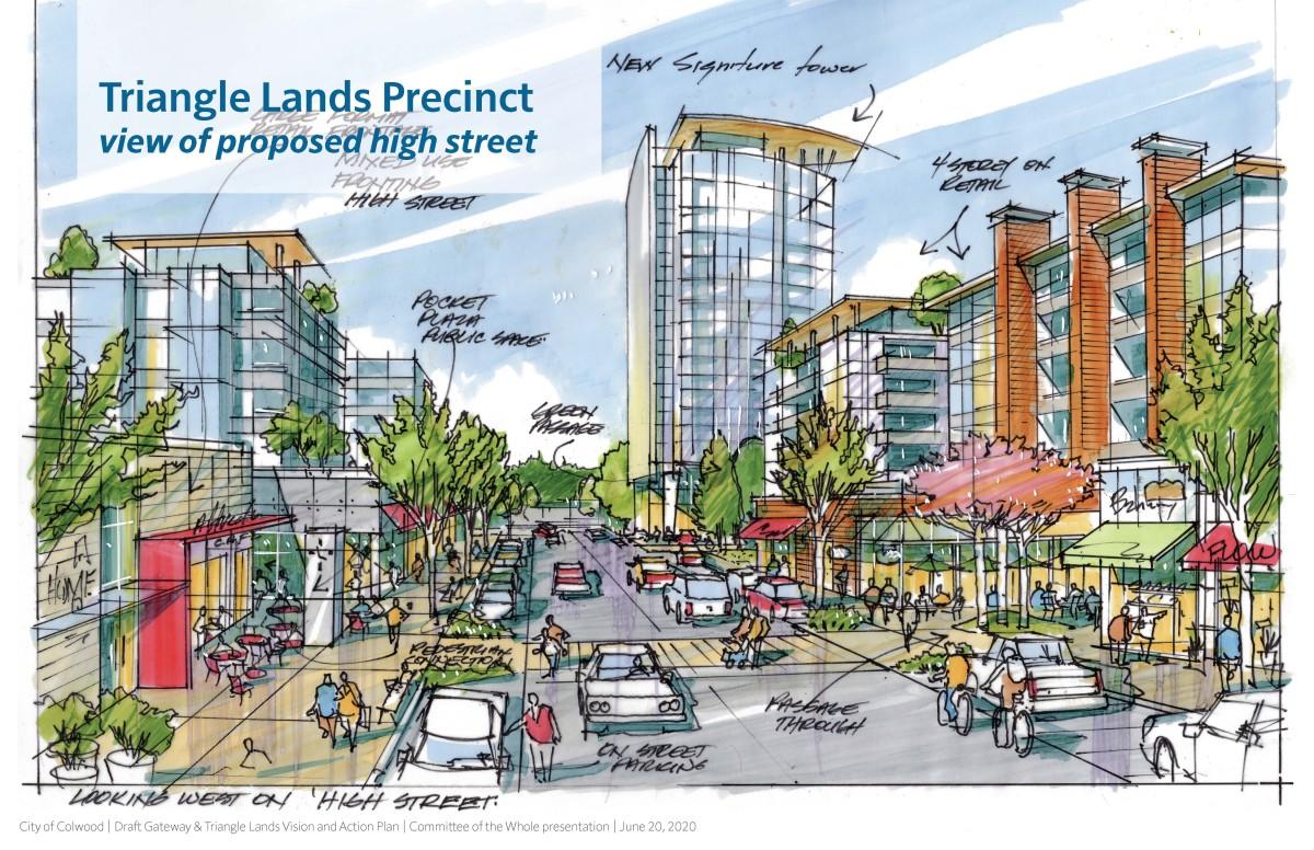 Illustrated view of the proposed high street in the Triangle Lands Precinct. The scene features a bustling urban area with pedestrians, cyclists, cars, and outdoor cafes. Surrounding the street are modern buildings, including a new signature tower, 4-story retail spaces, and lush green trees.