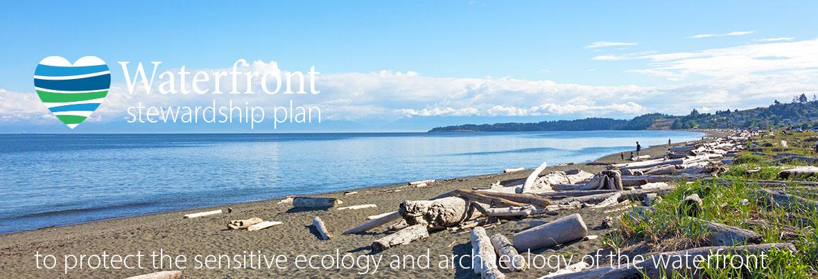 Scenic view of a beach with driftwood and grassy dunes, under the text "Waterfront stewardship plan to protect the sensitive ecology and archaeology of the waterfront."