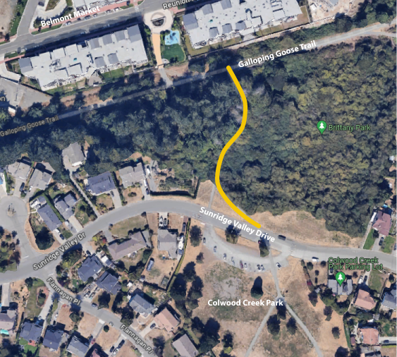 google earth map of trail between colwood creek park and galloping goose