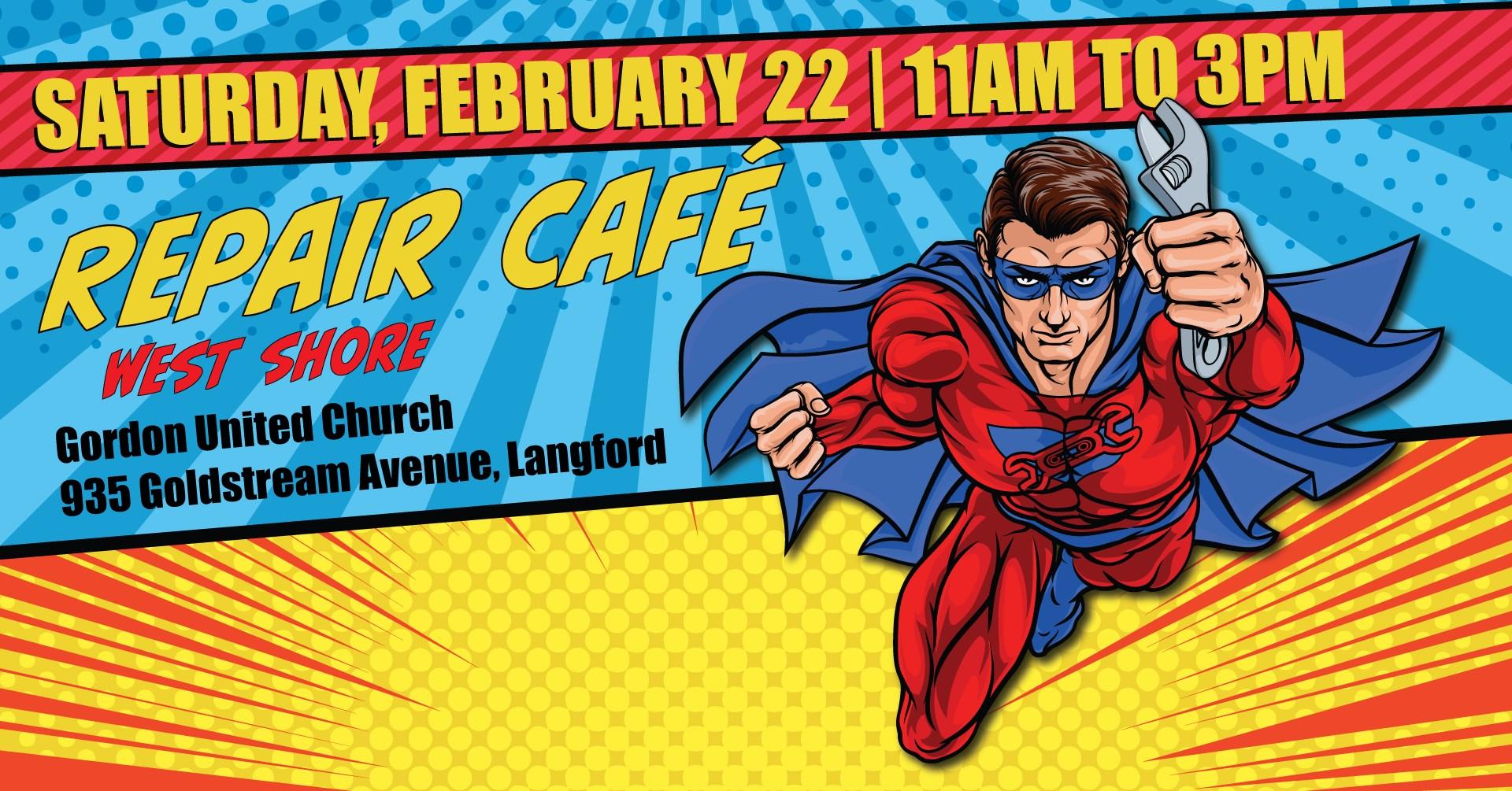 repair cafe poster with superman graphic