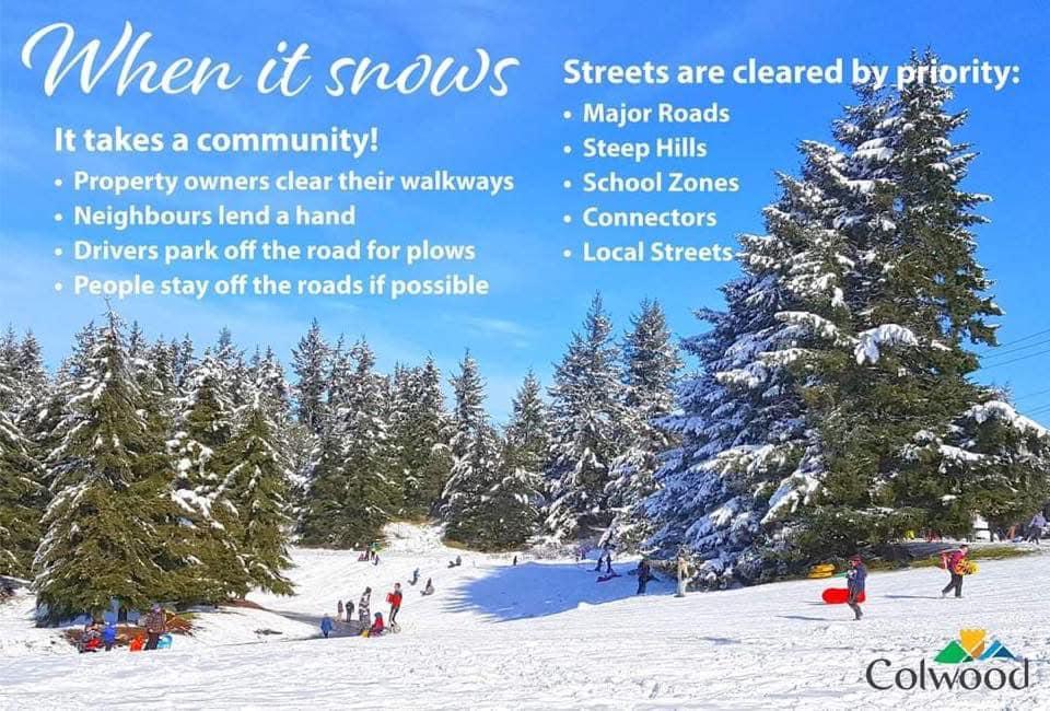 snow at colwood city hall with text for residents